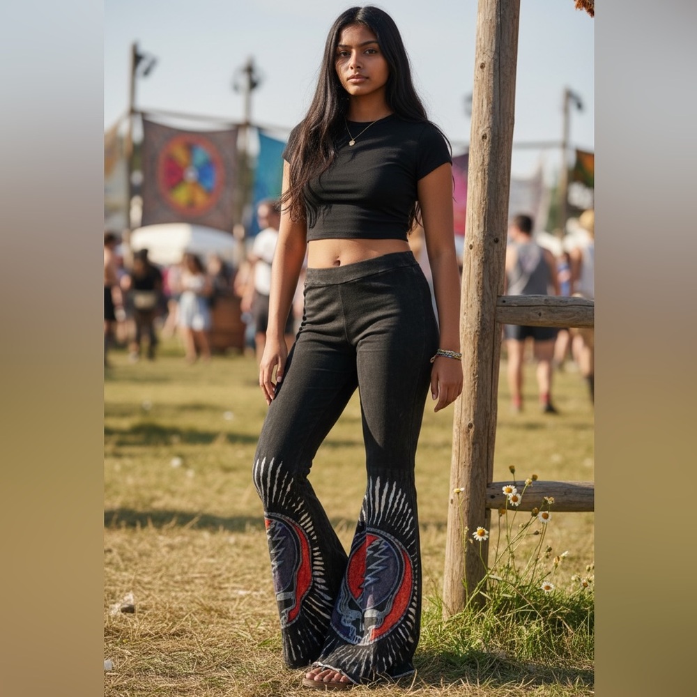 Grateful Dead black flare pull‑on pants bell bottom graphic M